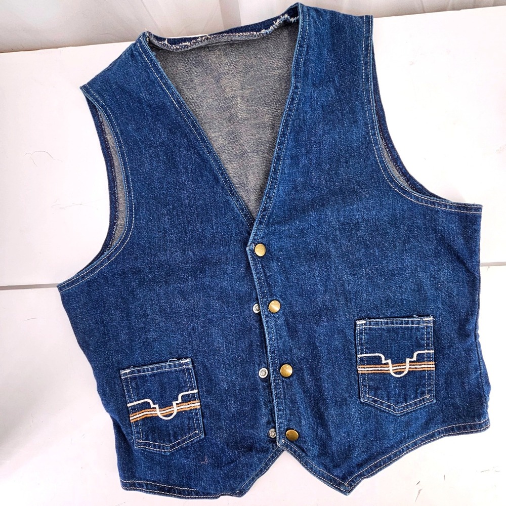 Vintage 70s Western Denim Vest Blue Snap Front Embroidered Pockets Mens Med Jean
